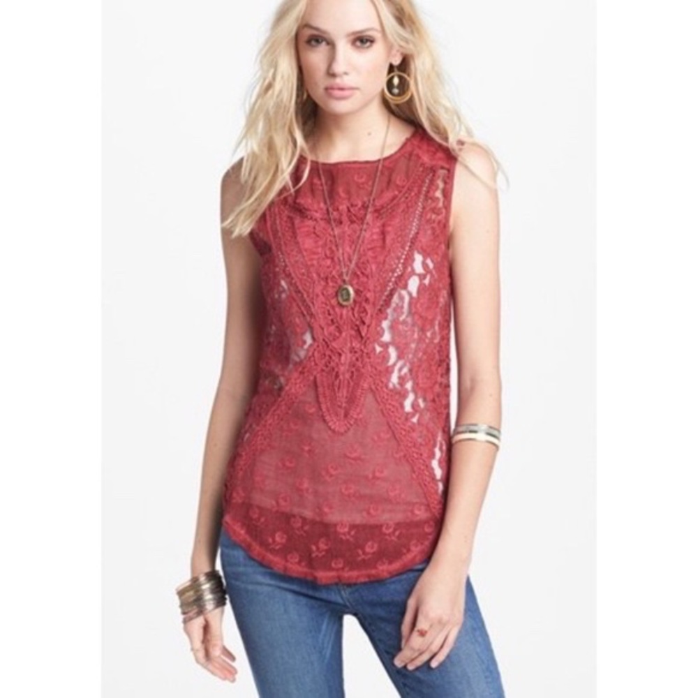Free People Burgundy Lace Split Back Tank Top. Small